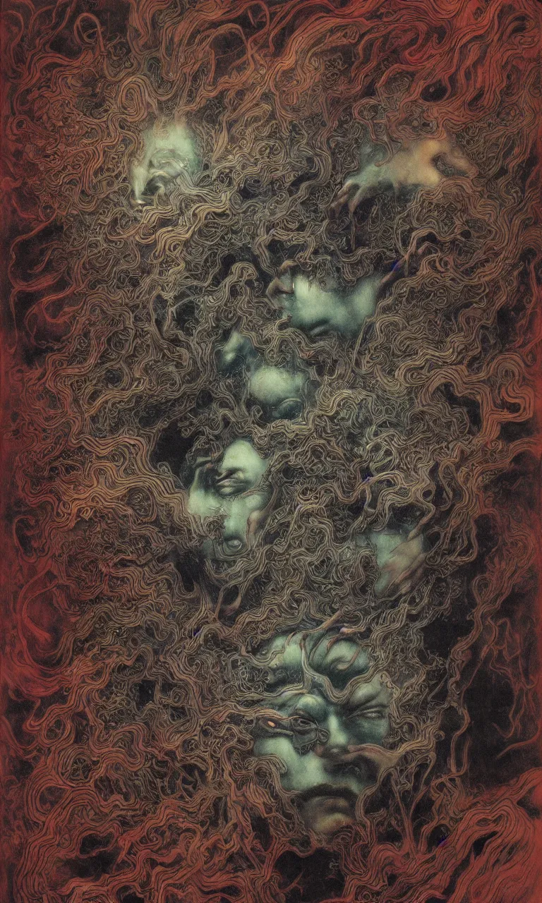 Image similar to zhongyuan festival, chinese ghost festival, king of hell, inside page of comic book, psychedelic lights and fog, in the style of zdzislaw beksinski, ayami kojima, takato yamamoto, barclay shaw, karol bak, glowing light and shadow, hyperrealist