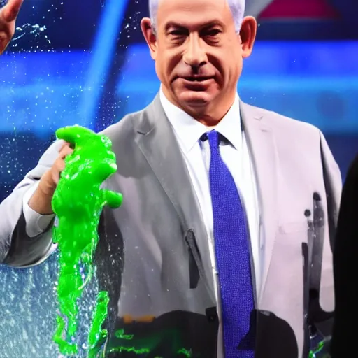 Prompt: benjamin netanyahu getting slimed at the kid's choice awards, sharp focus, highly detailed