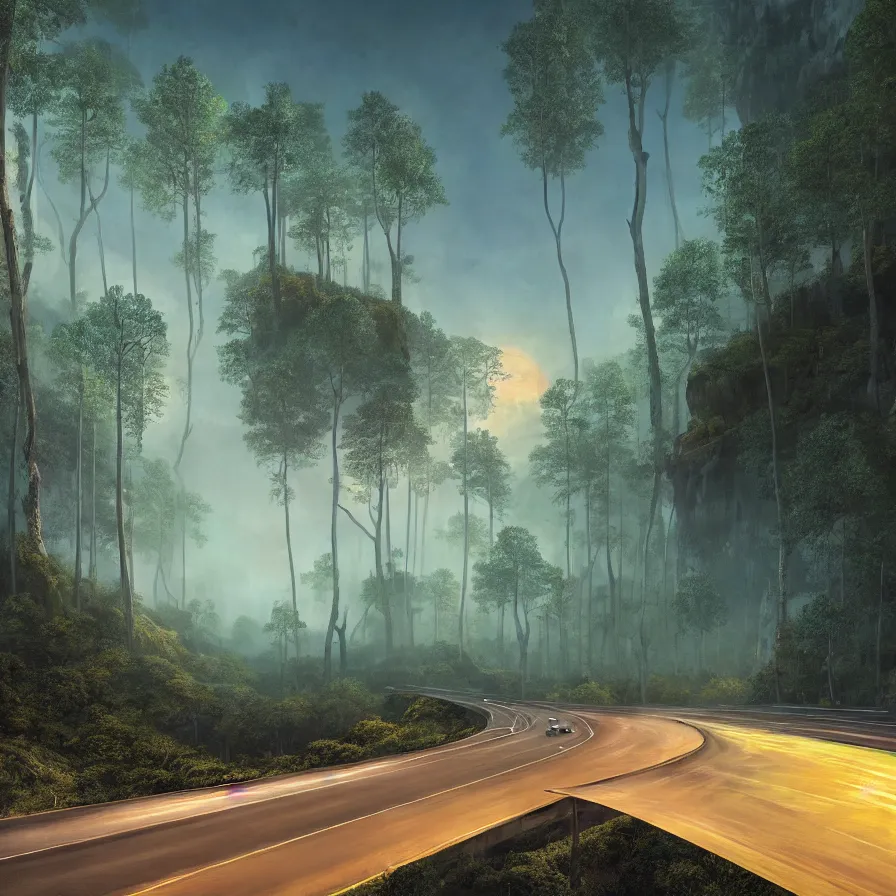 Image similar to surrealist abstract artwork of a highway road leading to the horizon through a thick forest down a rocky mountain coast towards the sunset. atmospheric landscape, soft tones, psychedelic, ultra realistic, concept art, modern art, photorealistic, octane render. art by nori inoguchi and sam kaplan and zachary goulko and christopher marley