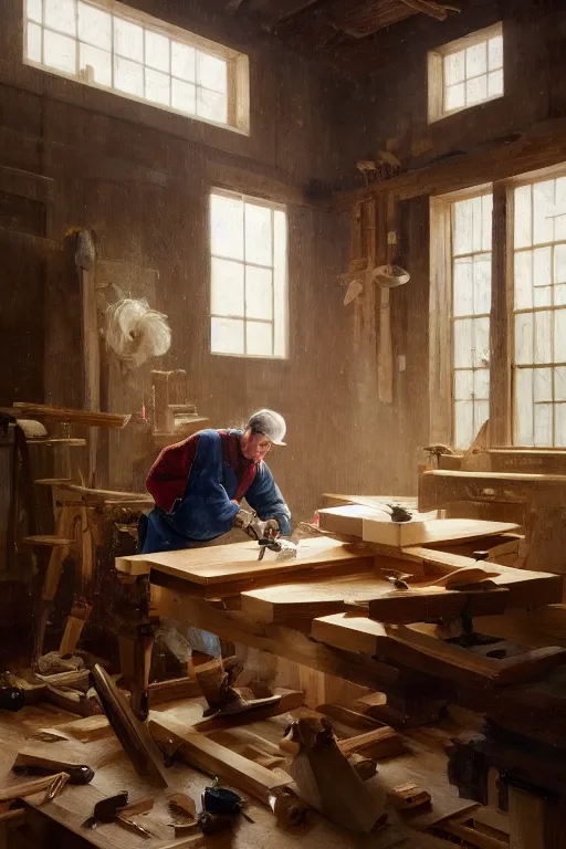 Image similar to simple craftsman fine woodworker building a wooden table in their well lit clean open workshop, thomas lawrence, greg rutkowski