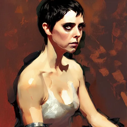 Image similar to alison brie as furiosa, intricate, elegant, highly detailed, greg manchess, mucha, liepke, ruan jia, jeffrey catherine jones, ridley scott