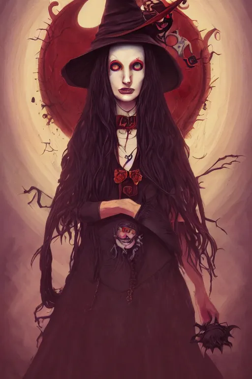 Image similar to portrait of a witch, american mcgee's alice, sharp focus, artstation, trending, by julie dillon, luis melo, tyler miles lockett, lei jin, hong lei, ken wong, adam narozanski, joy ang