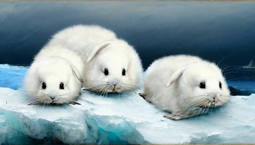 Image similar to highly detailed painting of cute furry white baby seal rabbits cuddling into each other on a blue and white iceberg by william turner, by greg rutkowski, by william constable, thick brush strokes and visible paint layers, 4 k resolution