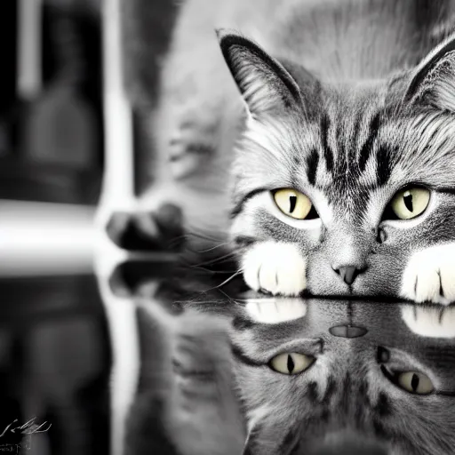 Image similar to a cat on to legs staring into reflection, 4 k, photography