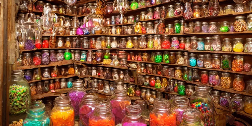 Image similar to Inside an old magical sweet shop, large jars on shelves, beautiful labels, fantasy vendor interior, wide angle, cinematic, highly detailed, photorealistic, rich bright colors, trending on artstation, trending on cgsociety