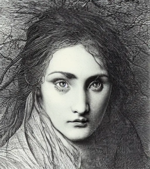 Image similar to black and white, portrait of a woman face in forest, extreme close-up, Gustave Dore lithography