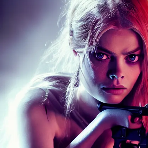 Image similar to octane, Unreal engine, Samara Weaving with skull paint holding a shotgun