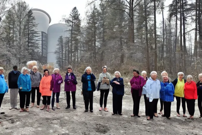Prompt: senior citizen yoga club meeting, outside Cherynobyl nuclear reactor during meltdown