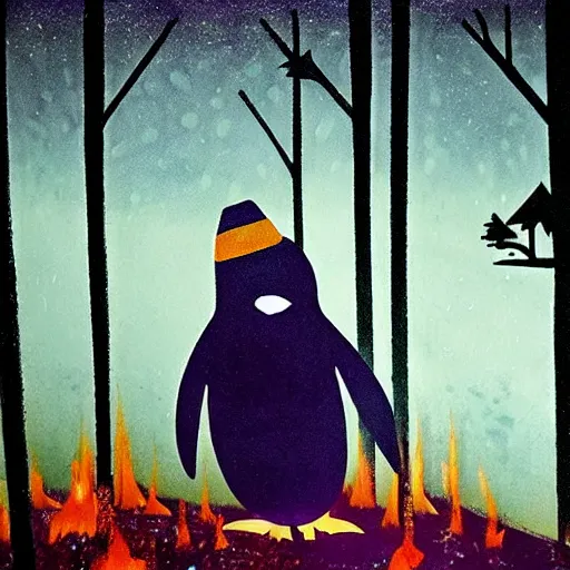 Prompt: penguin with a hat is looking at a burning forest which is sadly beautiful, dystopian cinematic painting, k high detail, with radioactive rain and purple lightnings by aleksandra waliszewska and aoi ogata