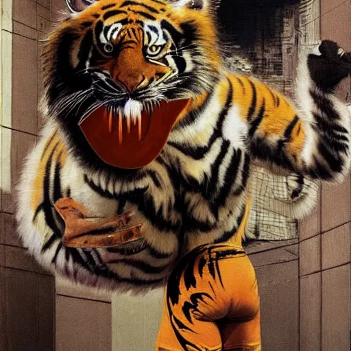 Image similar to shredded physique portrait furry orange striped Mike tyson the champion disguised as a tiger wearing a black vest robert rauschenberg norman rockwell greg rutkowski giorgio de chirico