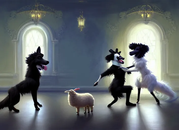 Image similar to wide shot painting of a male anthropomorphic border collie fursona dancing with a cute female anthropomorphic sheep fursona in a ballroom, beautiful, intricate, elegant, realistic proportions, highly detailed, scenic background, trending on artstation, art by charlie bowater and henry asencio and and ross tran