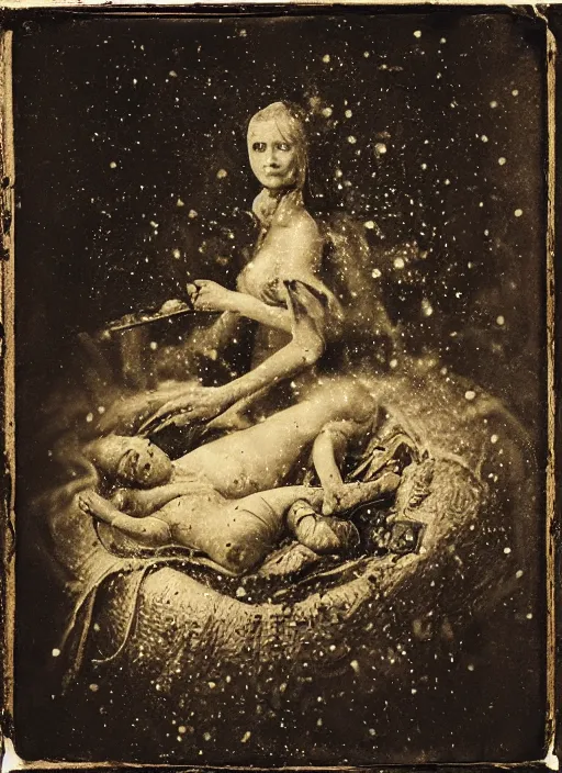 Image similar to old wetplate daguerreotype portrait of the birth of a napoleon, explosion of data fragments, fractal, intricate, elegant, highly detailed, parallax, leica, medium format, subsurface scattering, by jheronimus bosch and greg rutkowski and louis jacques mande daguerre