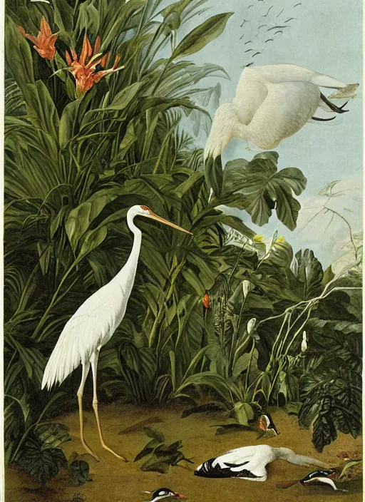 Prompt: tiger hunting a white crane, tropical plants, botanical, large exotic flowers, biology, by artist john audubon