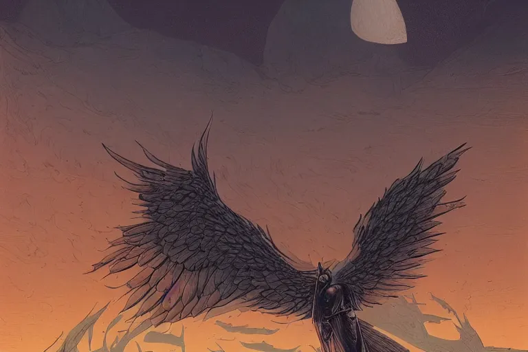 Prompt: Sacred appearance of a winged angel in the middle of a tortured and desolate landscape with a light and calm sky, by Kilian Eng, Kris Kuksi, Johfra Bosschart