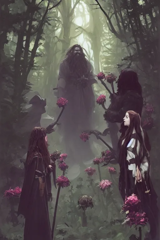 Image similar to hagrid the viking and gothic medieval morticia addams walking in enchanted forest with flowers, greg manchess painting by sargent and leyendecker, fantasy medium shot asymmetrical intricate elegant matte painting illustration hearthstone, by greg rutkowski by greg tocchini by james gilleard