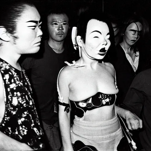 Image similar to Street photography, Bjork, a close up of several people leaving a seedy nightclub at 5am, they are smoking, someone is screaming, Kabuki makeup, Kodachrome