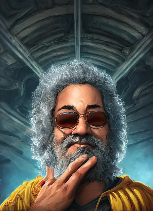 Prompt: An epic fantasy comic book style portrait painting of Jerry Garcia, fisheye lens, unreal 5, DAZ, hyperrealistic, octane render, cosplay, RPG portrait, dynamic lighting