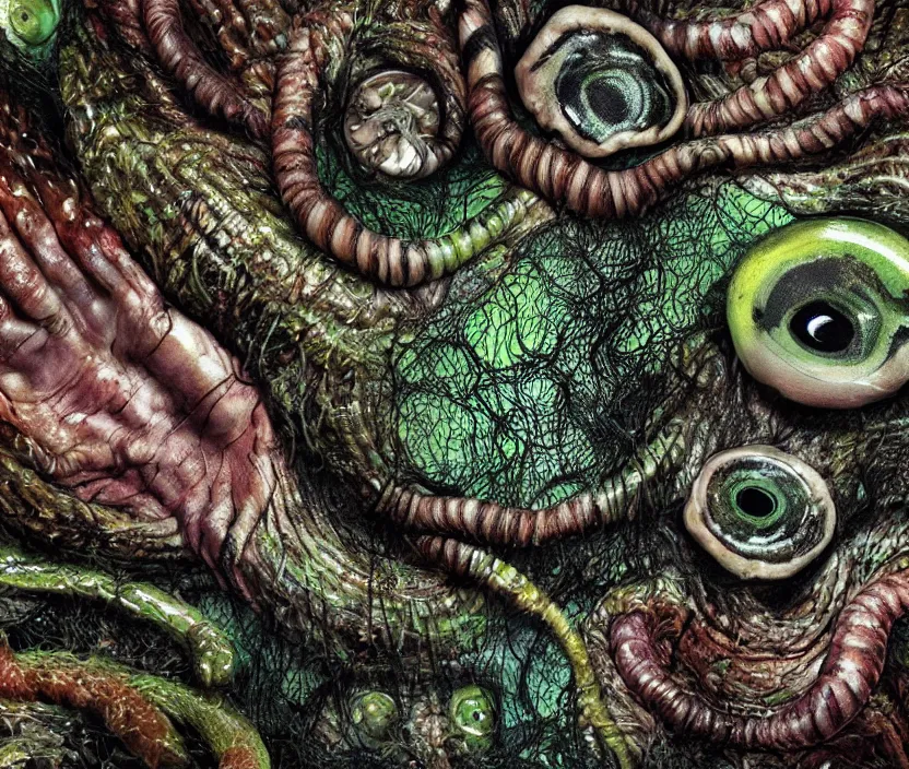 Image similar to a high resolution photo of a complex slimey creature nature forest, grown together various animal eyes, computer veins wrinkles, cracked plastic wrap, gills morph scales merged in fur skin, wrinkled muscles skin, veins merged feet head, displacement, black hole, distorted animal head face eyes arms tail