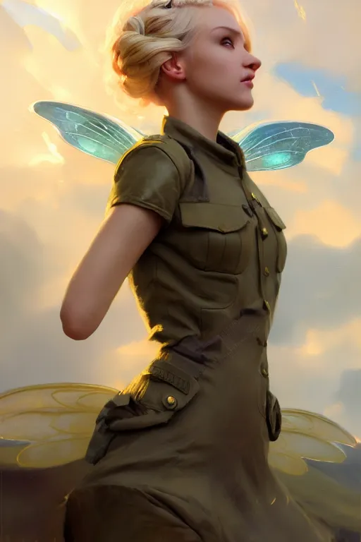 Image similar to cinematic shot of an epic portrait of a cute blonde fairy dressed in military clothes, stylised military clothes, large wings on back, shiny skin, beautiful, small details, realistic poster with volumetric light from jeremy lipkin and michael garmash, craig mallism, artgerm, unreal engine, radiant light, digital art, trends at art station, a masterpiece