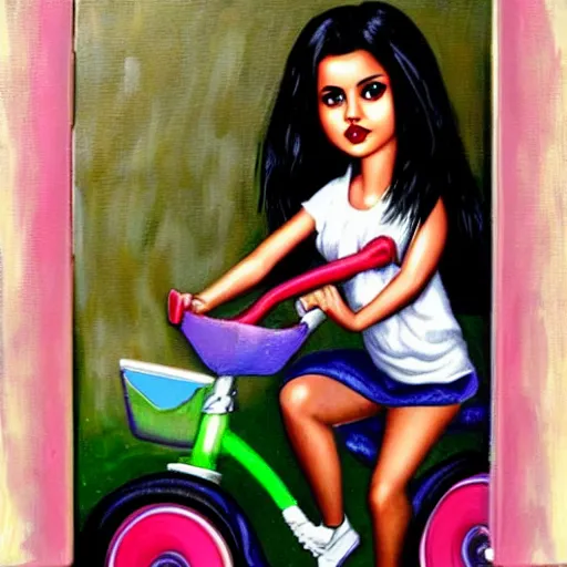 Image similar to Selena Gomez on a tricycle, lowbrow painting by Mark Ryden