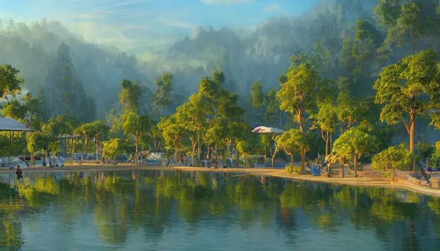 Prompt: concept art of an ecological park with a giant lake and paths around it in california, small white ecological hotels built around it, sunset light, hyperdetailed, artstation, cgsociety, 8 k