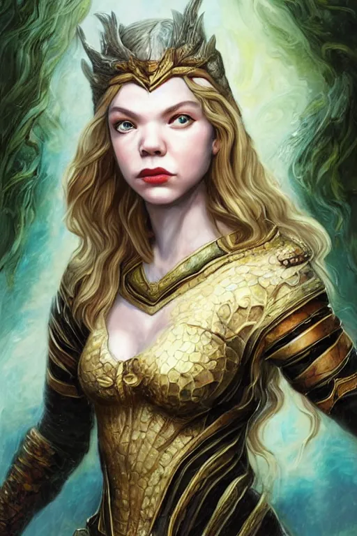 Prompt: A fantasy comic book style portrait painting of Cory Chase, hybrid, Anya Taylor-Joy, as an Atlantean Reptilian Warrior, François Boucher, Oil Painting, Mystical, Modest, Valkyrie, wearing intricately designed, jewel inlaid Armor, unreal 5, DAZ, hyperrealistic, octane render, Regal, Refined, Detailed Digital Art, RPG portrait, William-Adolphe Bouguereau, Michael Cheval, Walt Disney (1937), Steampunk, dynamic lighting, Highly Detailed, Cinematic Lighting, Unreal Engine, 8k, HD