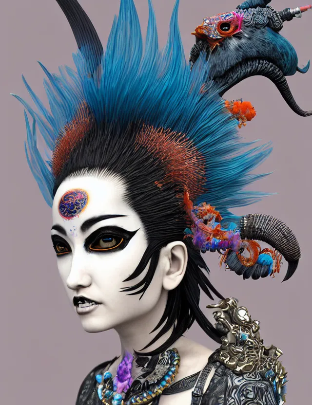 Image similar to 3 d photo realistic goddess close - up profile portrait punk with mohawk with ram skull. beautiful intricately detailed japanese crow kitsune mask and clasical japanese kimono. betta fish, jellyfish phoenix, bio luminescent, plasma, ice, water, wind, creature, artwork by tooth wu and wlop and beeple and greg rutkowski