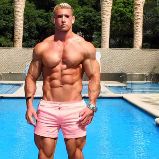 Image similar to a handsome muscular male fitness model with blonde hair, chris redfield, who is a male android, muscular, wearing a cut - off pink top and short light orange shorts, stands by a swimming pool, facing forward