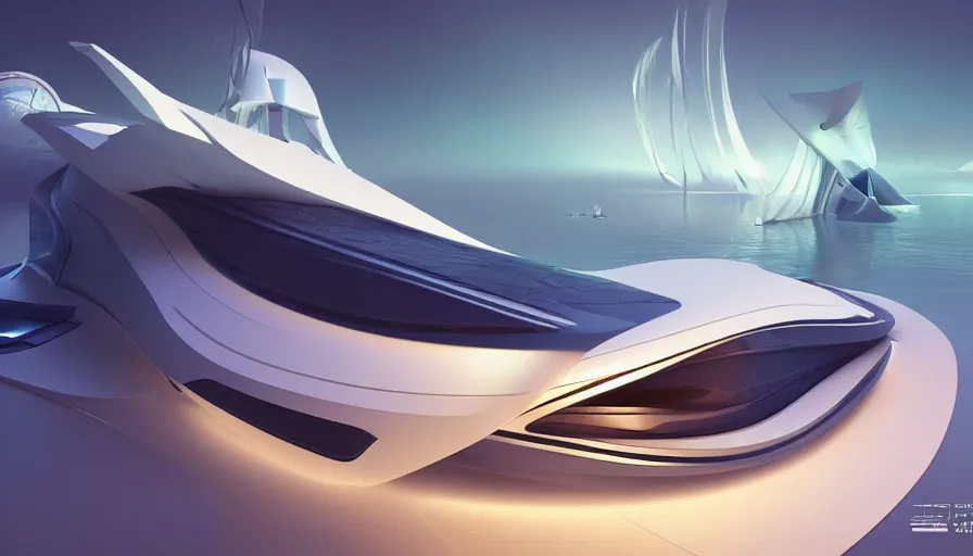 Image similar to a futuristic sport yacht by artgerm and greg rutkowski and alphonse mucha, zaha hadid, volumetric light, detailed, octane render, midsommar