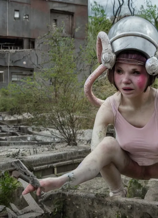 Prompt: humanistic anthropomorphic female axolotl exploring the ruins of chernobyl wasteland, front face