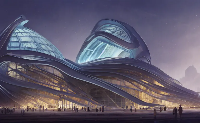 Image similar to exterior shot of utopian architecture transparent building with cinematic lighting by zaha hadid and renzo piano, darek zabrocki and greg ruthkowski, alphonse mucha, simon stalenhag, cinematic, stars, beautiful, holy place, paradise, scifi, futurism, atmospheric, concept art, artstation, trending on artstation