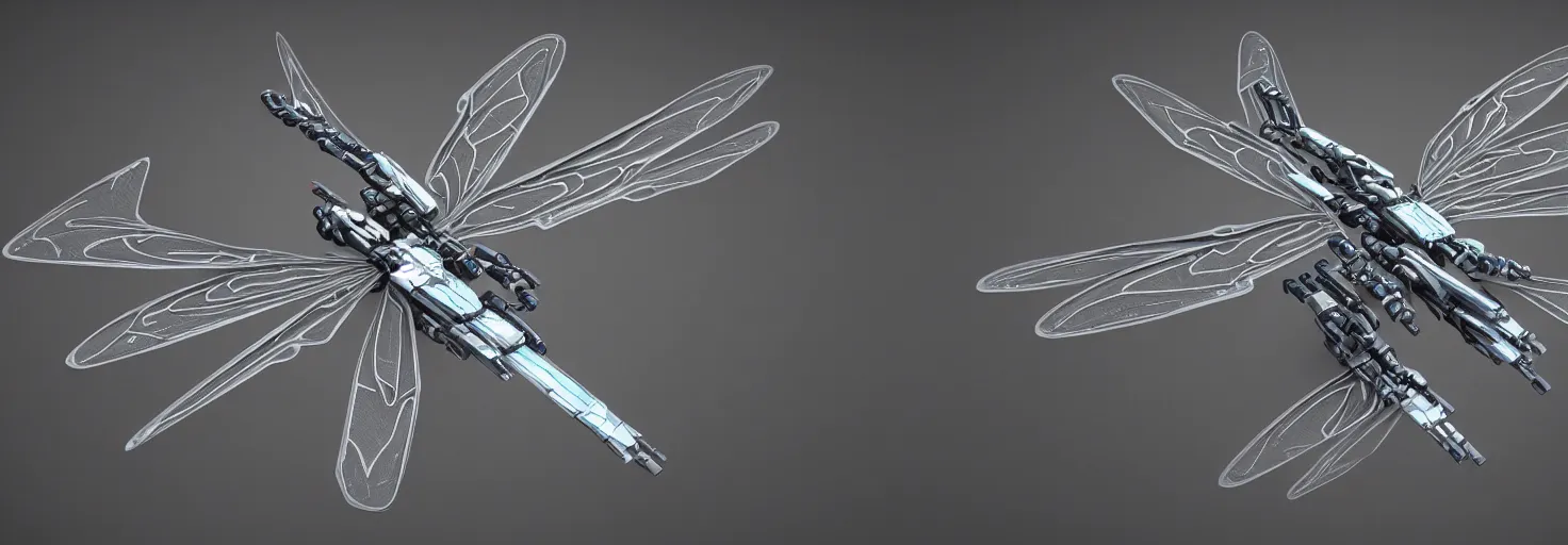 Image similar to symmetry!! a mechanized dragonfly with it's wings spread, gunmetal grey, top down view!! very symmetrical, mecha, jet fighter, space shuttle, robotic, highly detailed, artstation, super realistic, unreal engine