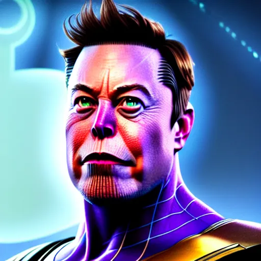 Image similar to a portrait of elon musk as thanos, the pixar adaptation, with same hairstyle, hyper detailed, digital art, trending in artstation, cinematic lighting, studio quality, smooth render, unreal engine 5 rendered, octane rendered