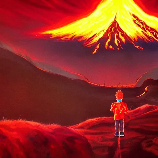 Prompt: a painting of bart simpson walking through mordor towards mount doom. Lava flowing and the eye of sauron in the distance. Detailed trending on artstation.