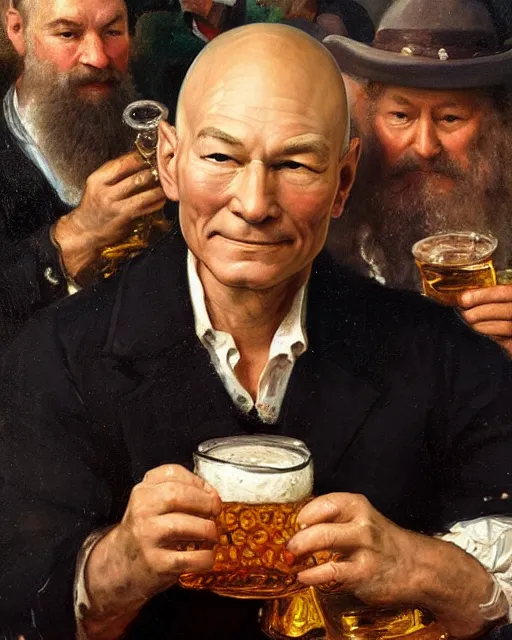 Image similar to a painting of patrick stewart holding a mug of beer at the oktoberfest, a detailed painting by konstantin makovsky and by jan matejko and by nikolay makovsky, shutterstock contest winner, german romanticism, detailed painting, oil on canvas, wimmelbilder