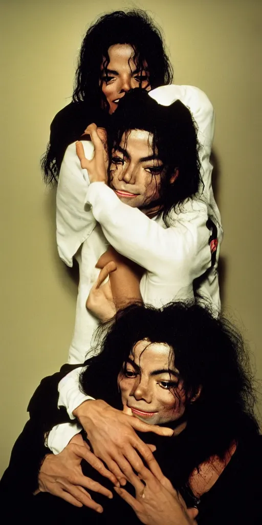 Prompt: michael jackson hugging an alien, in focus, blured background, boceh, high detail, sharp, film photography, direct flash, kodak portra 4 0 0,