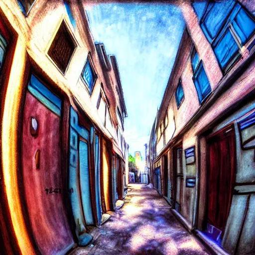 Prompt: alley among residental buildings, ghetto neiborhood, anime style painting, fish eye effect, wide angle