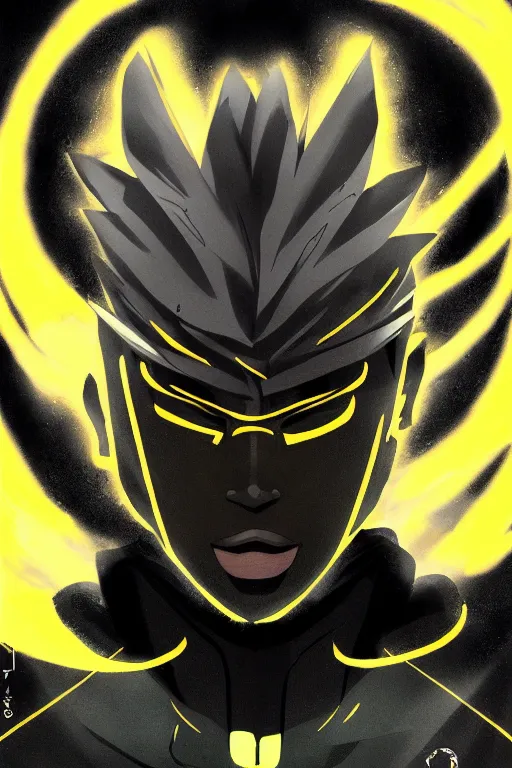 Image similar to glowing black male anime character, short golden hair, yellow eyes, symmetrical, highly detailed, digital art, sharp focus, trending on art station, samurai, electricity superpowers, anime art style