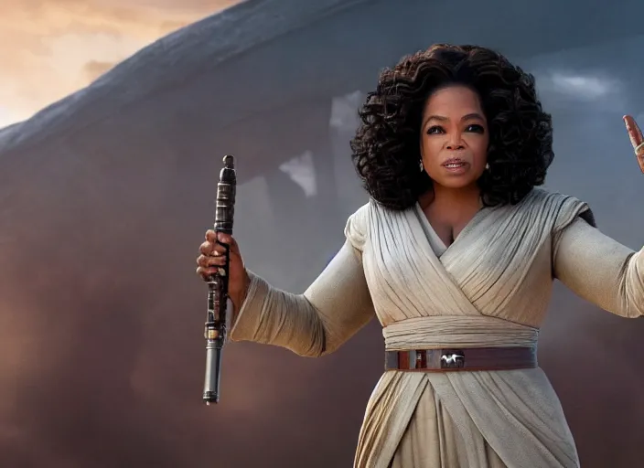 Image similar to oprah winfrey plays a jedi master in star wars rise of skywalker, 3 5 mm photography, highly detailed, cinematic lighting, standing pose, fully body shot, holding lightsaber 4 k