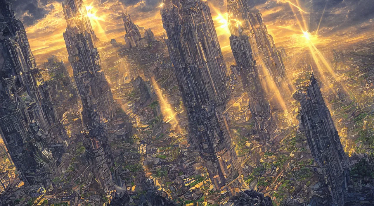 Image similar to fortress accadamy of tower cristal a spectacular view cinematic rays of sunlight comic book illustration, by john kirby