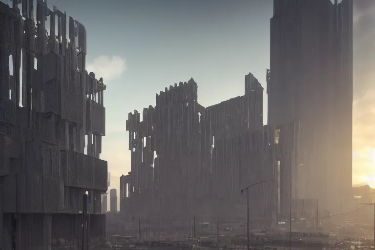 Image similar to streetscape, a towering cathedral of brutalist architecture, buildings covered with greebles, stunning volumetric light, sunset, metal, concrete and translucent material, stunning skies, majestic landscape, trending on Artstation, 8k, photorealistic, hyper detailed, unreal engine 5, IMAX quality, cinematic, epic lighting, in the style of Greg Rutkowski