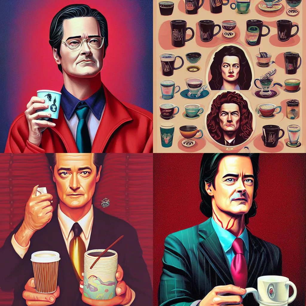 Prompt: painting Kyle MacLachlan Twin Peaks drinks coffee by Casey Weldon