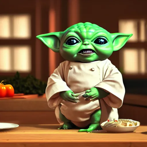 Image similar to curious mouth agape innocent tiny overweight chubby baby yoda as chef wearing white chefs hat and white apron, offering a plate of food, vegetables, photography, hyperrealism, unreal engine, octane 3 d render, houdini, unity 3 d, highres, adobe premier pro