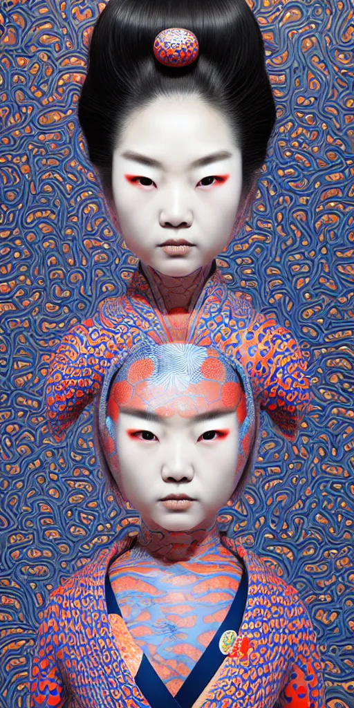 Image similar to hyperrealistic detailed image of a geisha in a art installation room, hd smooth interior by yayoi kusama, part by kei mieno, part by ross tran, dark art by james jean, ultra realistic, highly detailed, life like face, detailed body, 8 k, 3 d render by roger magrini, masterpiece