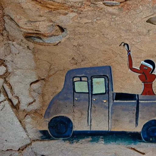 Image similar to egyptian rides in a car behind the wheel, rock painting in fresco