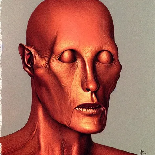 Prompt: human with metallic face by Zdzisław Beksiński