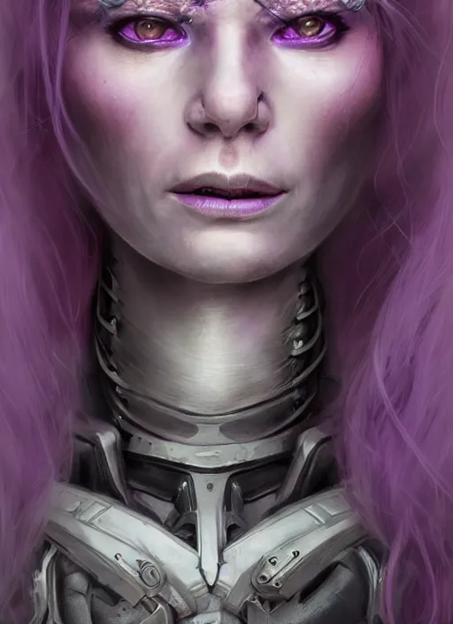 Image similar to a hyper detailed face portrait of a pale woman with purple hair in sci - fi cybernetic armor, diablo 4 lilith, sideshow figurines, by tom bagshaw, artgerm, dorian cleavenger, greg rutkowski, wlop, astri lohne, zdzisław beksinski trending on artstation