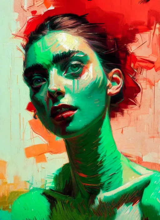 Image similar to portrait of yael shelbia, sensual, ecstatic, dancing, shades green and red, beautiful face, rule of thirds, intricate outfit, spotlight, by greg rutkowski, by jeremy mann, by francoise nielly, by van gogh, digital painting