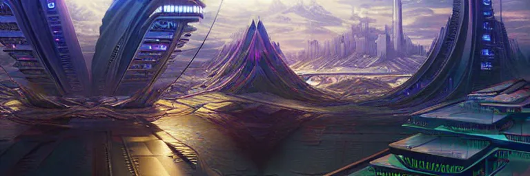 Image similar to a sprawling cybernetic temple, a large hi - tech city, and a river surrounded by fractal mountains, volumetric clouds, cybernetic faces, vaporwave aesthetic, colorful, psychedelic, digital painting, artstation, concept art, smooth, sharp focus, illustration, art by artgerm and greg rutkowski and alphonse mucha