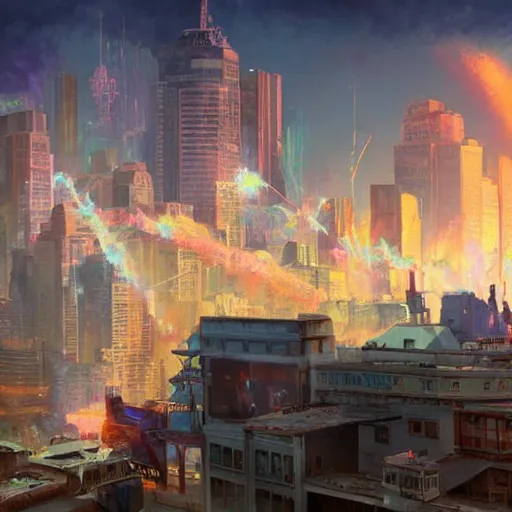 Prompt: louisiana chef justin wilson using eye lazers, destroying a cityscape, 8 k, highly detailed, digital painting, unreal engine tech demo, vivid colors, artstation, art by artgerm and greg rutkowski and alphonse mucha